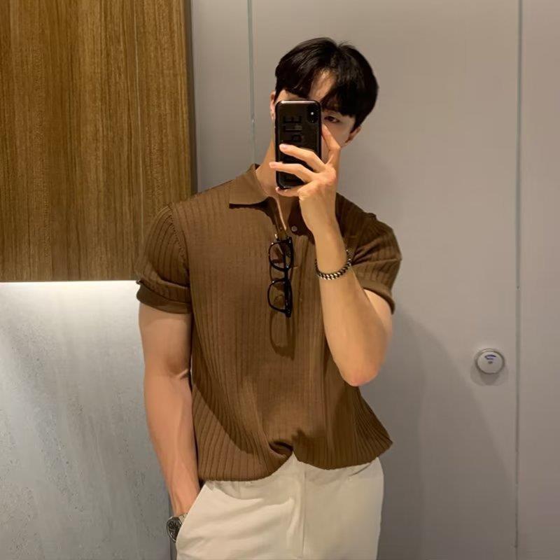 Lapel Polo Shirt Men's Fashion Brand Casual Summer Texture Solid Color Korean Style Knitwear Short Sleeve T-shirt