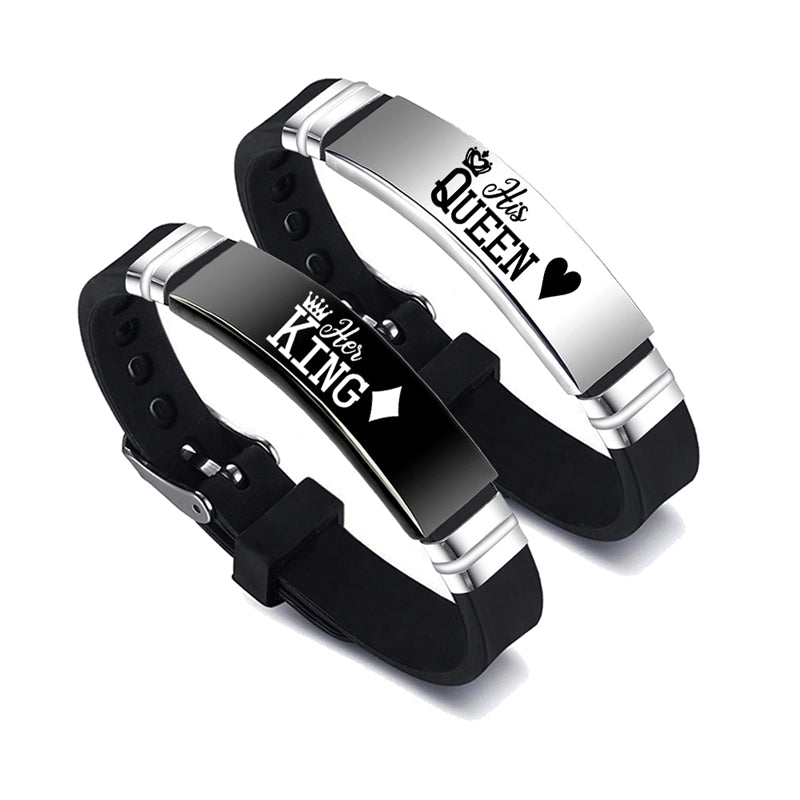 Matching King and Queen Couple Bracelets Set - Black Silver His Hers Relationship Jewelry