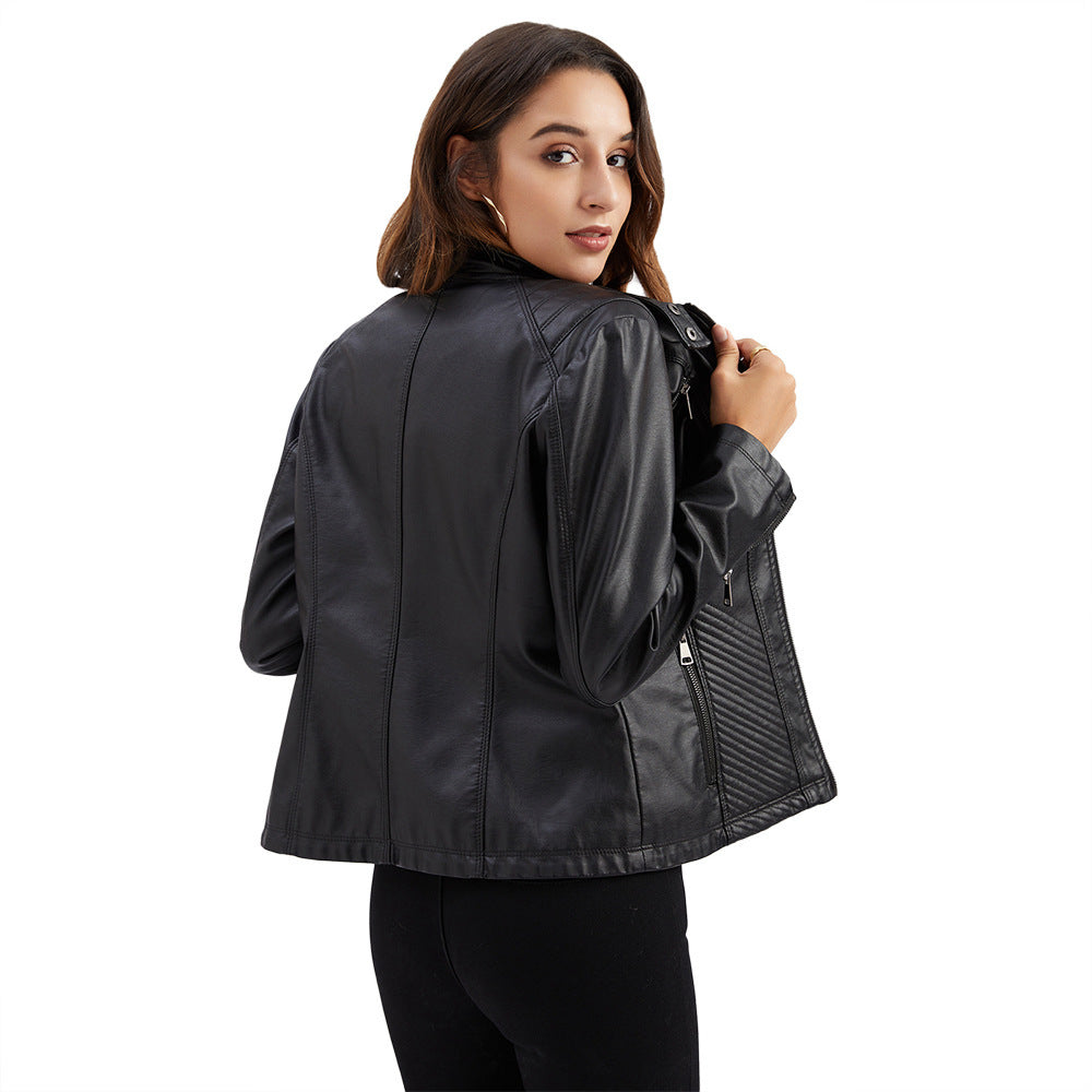 Women's Faux Leather Stand Collar Jacket - Elegant Commuter Style