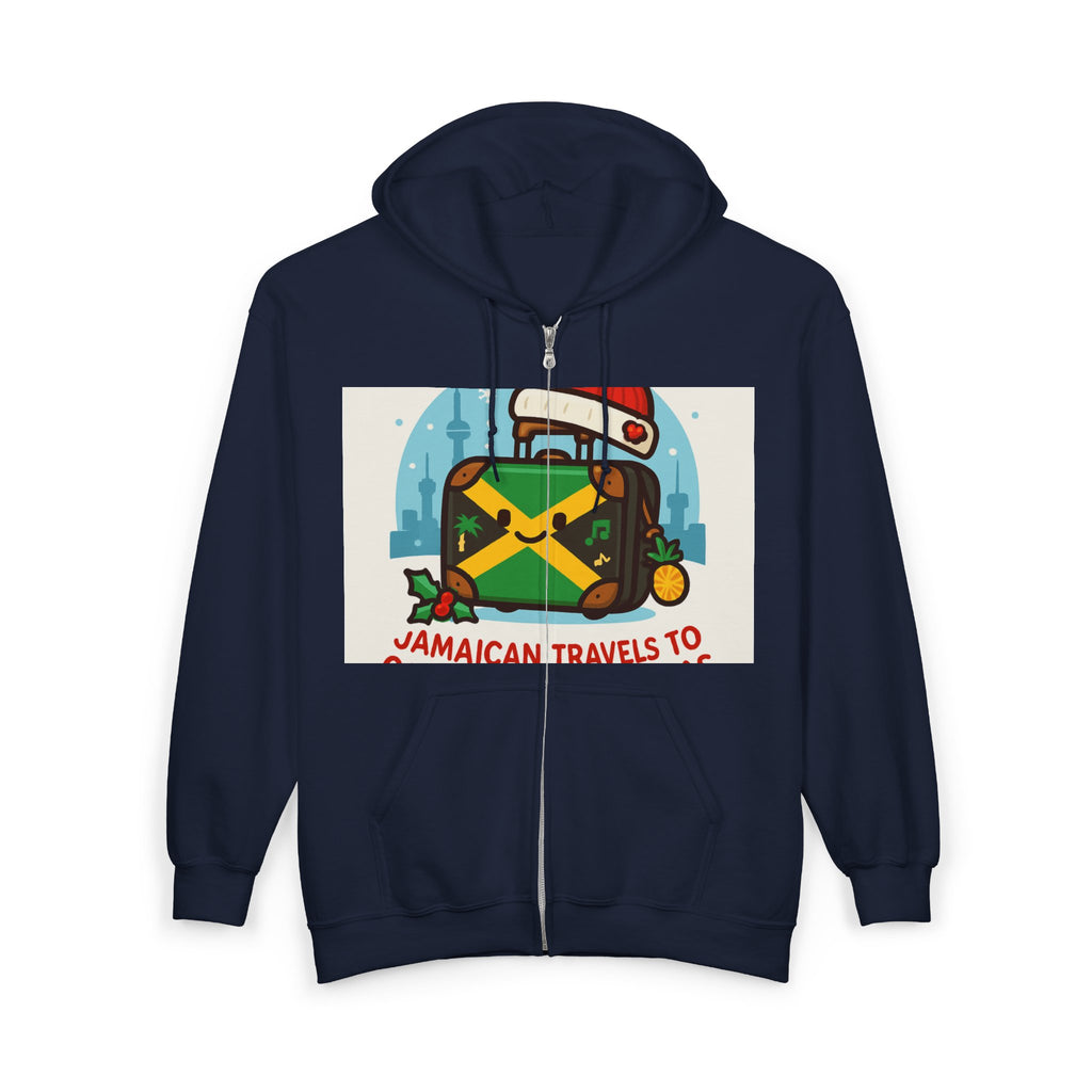 Holiday Jamaican Travel Hoodie – 'Jamaican Travels To' Santa Hat Suitcase Design