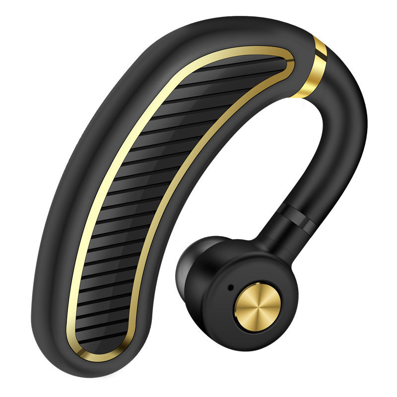 Black and gold Bluetooth headset on a white background