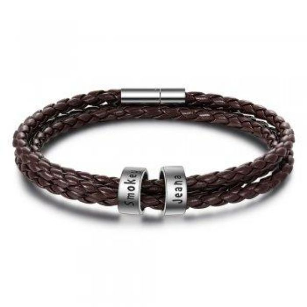 best Personalized Mens Braided Genuine Leather Bracelet Stainless Steel Custom Beads Name Charm Bracelet For Men With Family Names 7 shop online at M2K Trends for