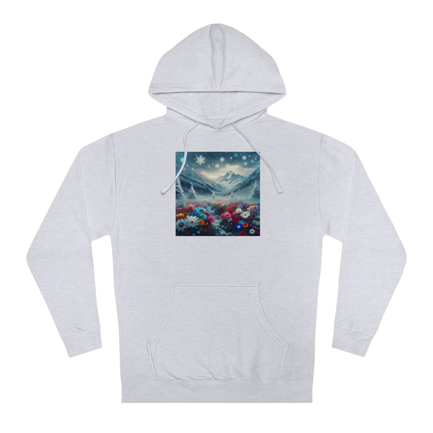 Snowing on the Mountain of Flowers Hoodie, Floral Winter Sweatshirt, Nature Lover Gift, Cozy Mountain View Pullover, Snowy Botanical Hoodie,