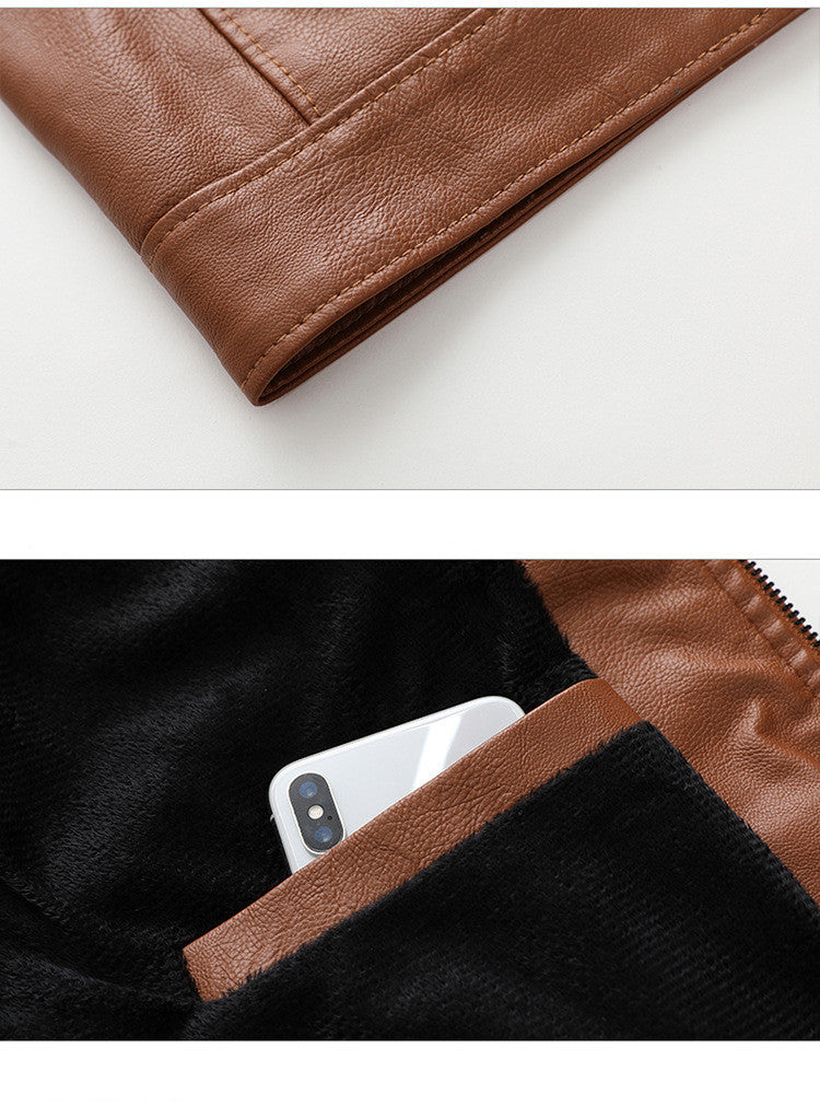 Men's Fleece-Lined PU Leather Jacket - Stand Collar Casual Outerwear