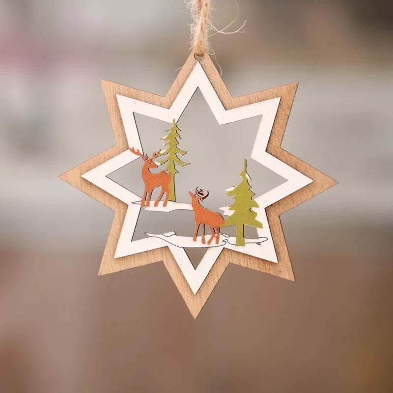 Christmas tree small pendant wooden five-pointed star bell pendant gift Christmas decoration wooden