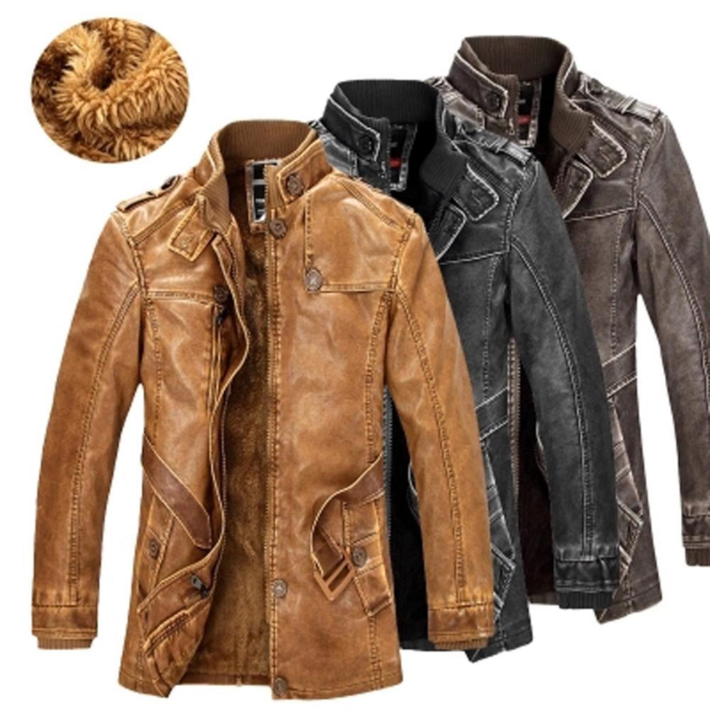 Three leather jackets in brown, black, and gray on a white background.