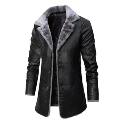 Men's Plush Fleece-Lined Leather Jacket - Winter Warm Single-Breasted Coat