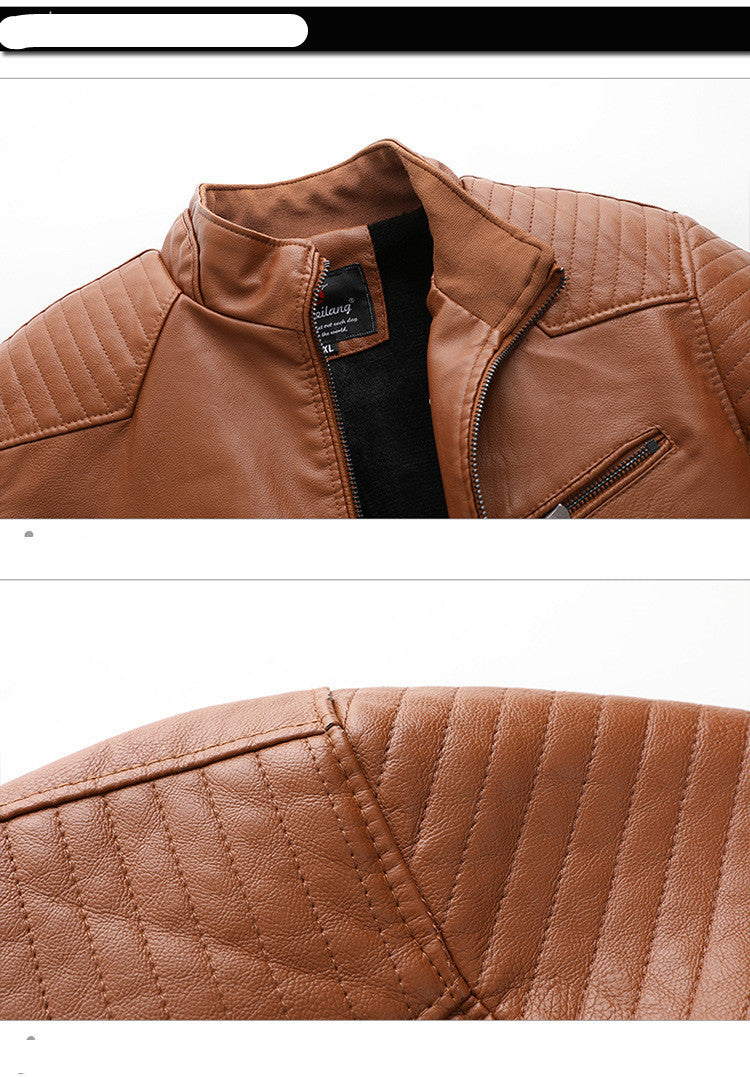 Men's Fleece-Lined PU Leather Jacket - Stand Collar Casual Outerwear