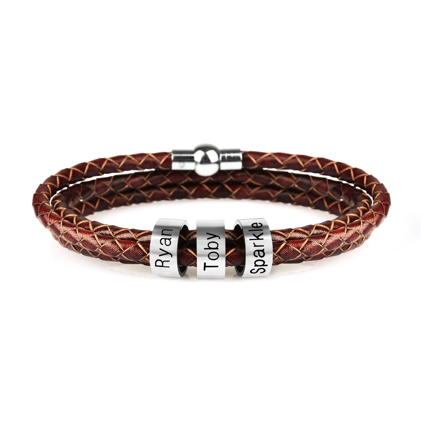 best Personalized Mens Braided Genuine Leather Bracelet Stainless Steel Custom Beads Name Charm Bracelet For Men With Family Names 7 shop online at M2K Trends for