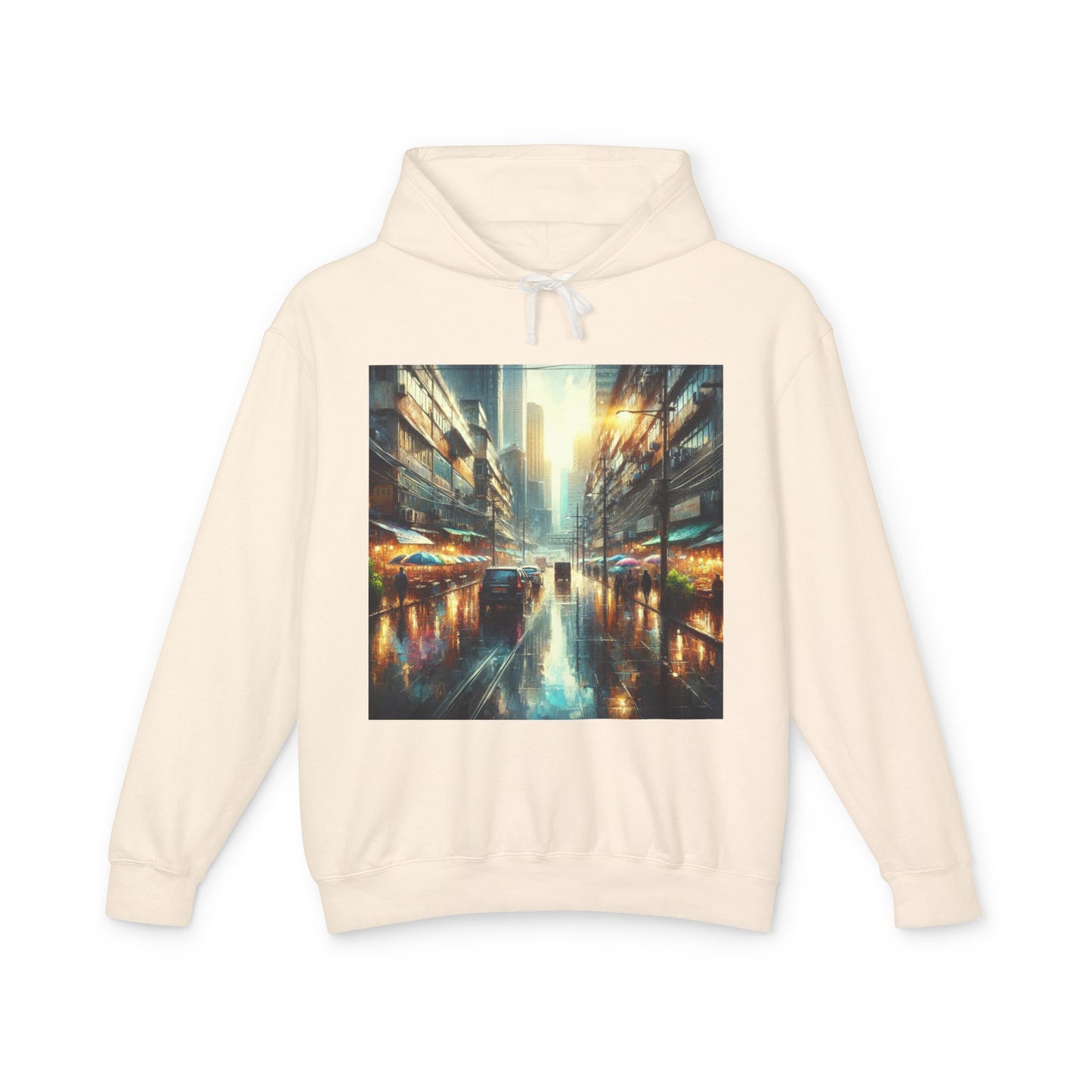 Rainy Sunny Day Lightweight Hoodie, Moody Urban Landscape Sweatshirt, High Contrast Street Photography Pullover, Cityscape Hooded Top,