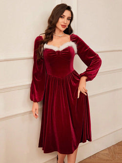 Women's Vintage Christmas Party Long Sleeve Red Velvet Dress Square Collar Dress Elegant Slimming Waist Autumn Women's Clothing