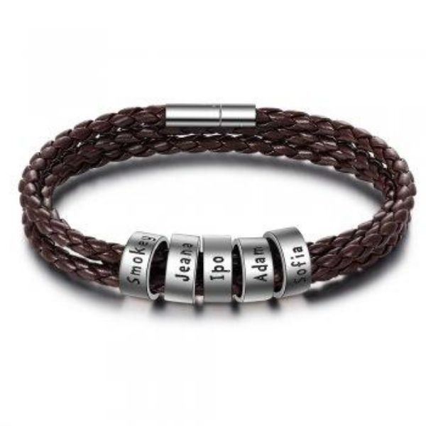 best Personalized Mens Braided Genuine Leather Bracelet Stainless Steel Custom Beads Name Charm Bracelet For Men With Family Names 7 shop online at M2K Trends for