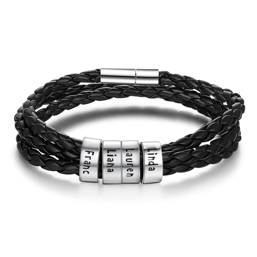 best Personalized Mens Braided Genuine Leather Bracelet Stainless Steel Custom Beads Name Charm Bracelet For Men With Family Names 7 shop online at M2K Trends for