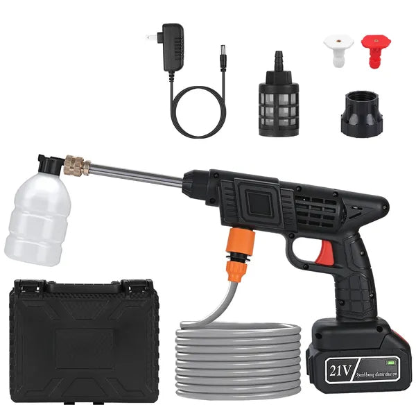 Cordless pressure washer kit with various attachments on a white background