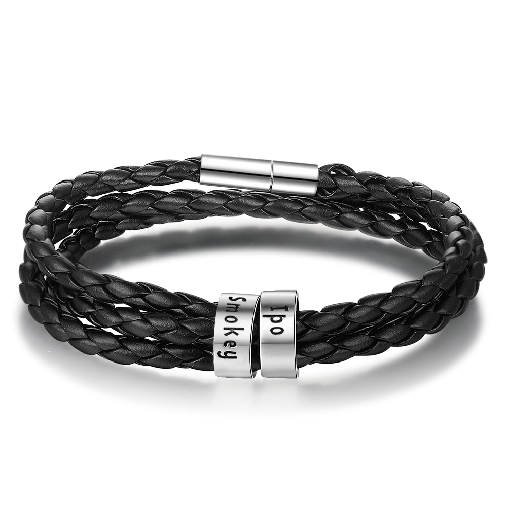 best Personalized Mens Braided Genuine Leather Bracelet Stainless Steel Custom Beads Name Charm Bracelet For Men With Family Names 7 shop online at M2K Trends for