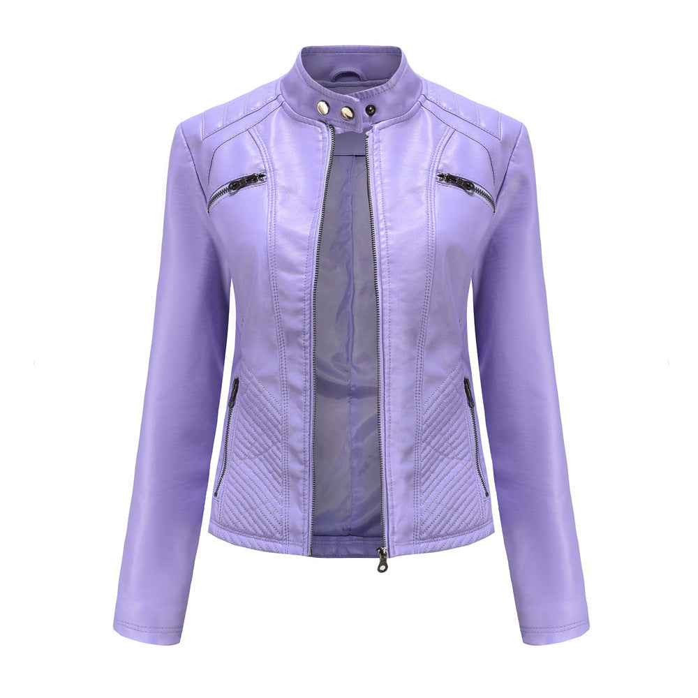 Women's Faux Leather Stand Collar Jacket - Elegant Commuter Style