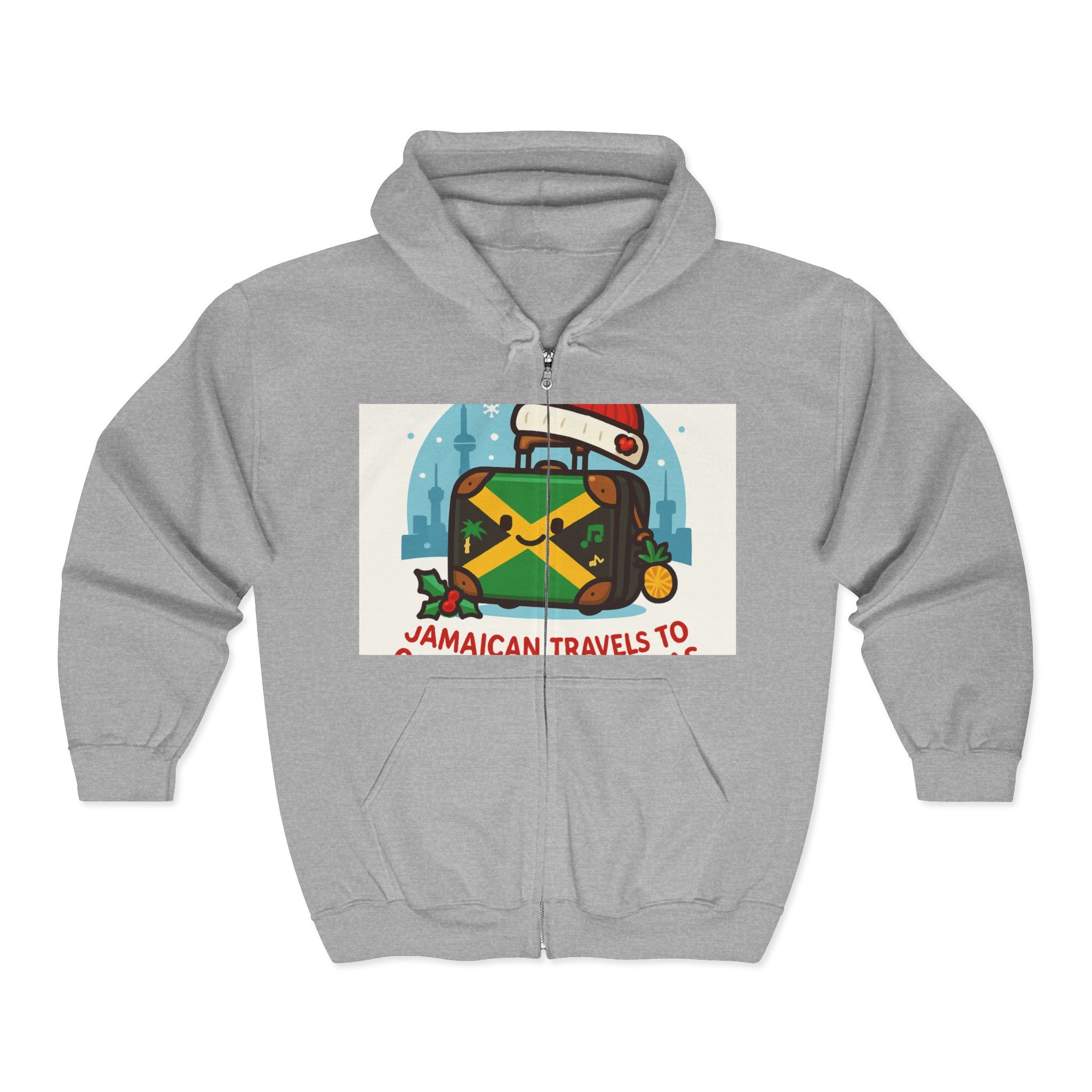 Holiday Jamaican Travel Hoodie – 'Jamaican Travels To' Santa Hat Suitcase Design