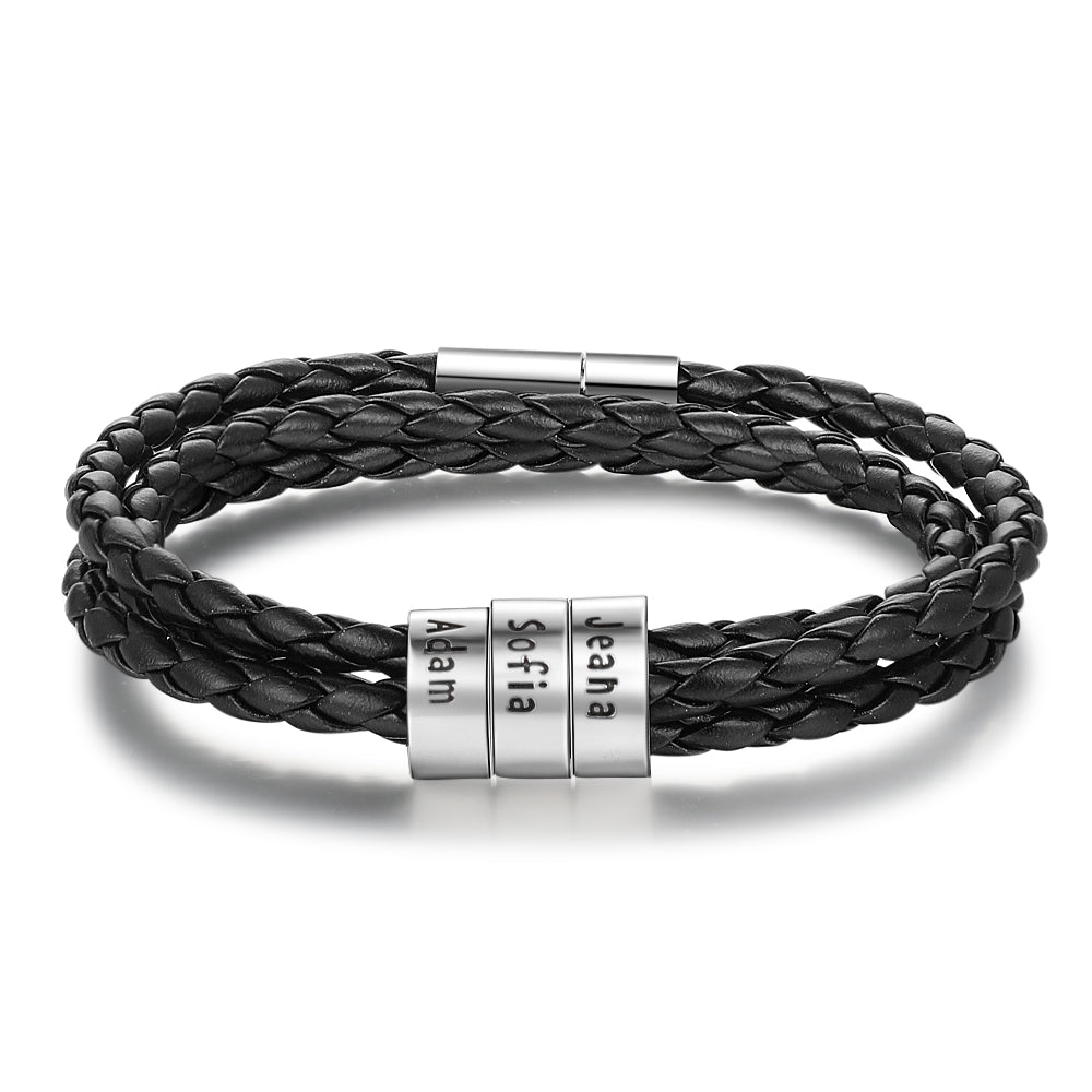 best Personalized Mens Braided Genuine Leather Bracelet Stainless Steel Custom Beads Name Charm Bracelet For Men With Family Names 7 shop online at M2K Trends for