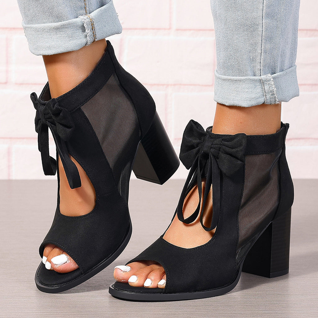 Chunky High Heel Sandals – Bow & Ankle Strap, Open Toe