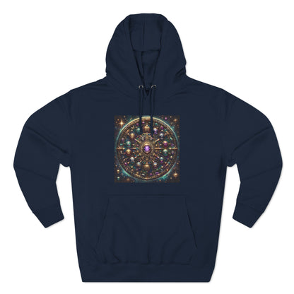 Zodiac Wheel Three-Panel Fleece Hoodie, Astrology Enthusiasts Gift, Mystical Zodiac Signs, Cosmic Vibes, Starry Background, Metallic Design,