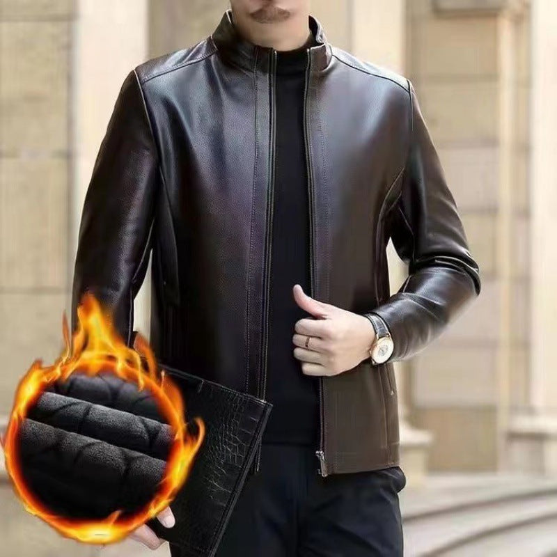 Premium Fleece-Lined Leather Jacket - Stand Collar Men's Outerwear