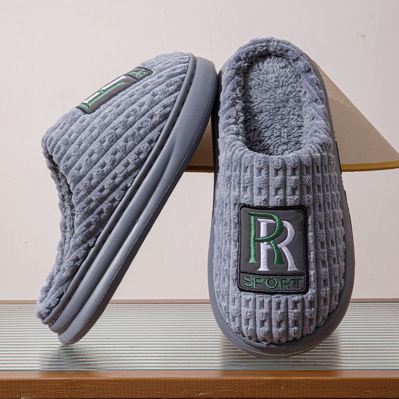 Men's Letter Plush Slippers Winter Warm Non-slip House Shoes Plus Size Indoor Bedroom Floor Home Slipper For Women