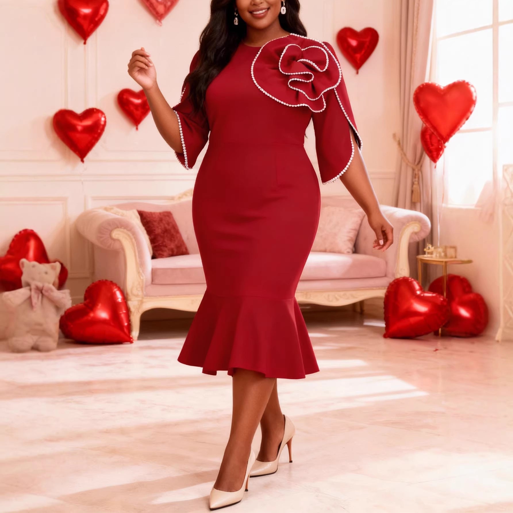 Plus Size Women's Mermaid Floral Dress – 3D Floral Bodycon Gown (0XL–4XL)