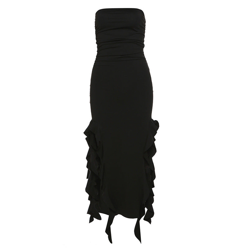 Strapless High-Slit Ruffle Hem Dress – Sexy Floral Fold Party Dress
