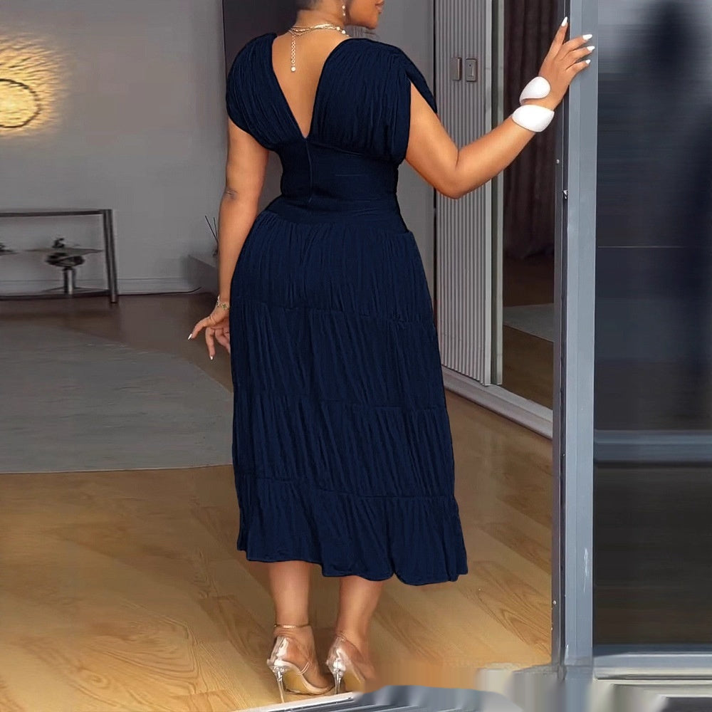 Women's Patchwork Midi Dress | V-Neck Waist-Cinching Short Sleeve