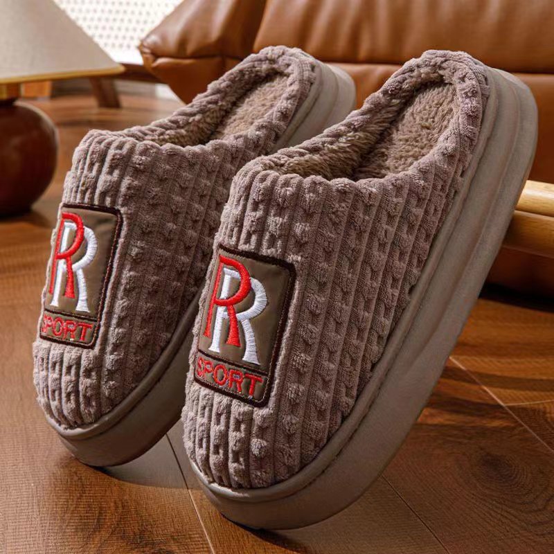 Men's Letter Plush Slippers Winter Warm Non-slip House Shoes Plus Size Indoor Bedroom Floor Home Slipper For Women