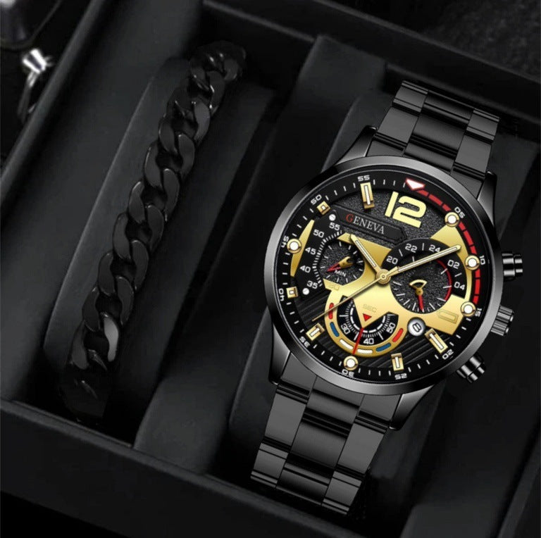 Stylish Men's Steel Quartz Watch & Bracelet Set – Perfect Gift