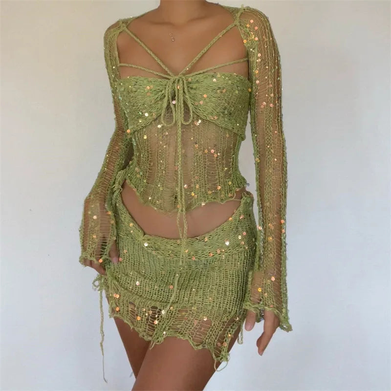Vestido de punto de crochet Conjuntos de falda de dos piezas
