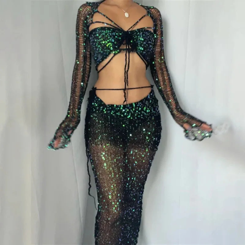 Vestido de punto de crochet Conjuntos de falda de dos piezas