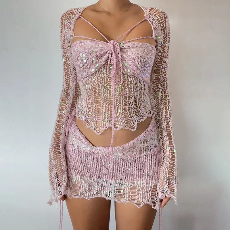 Vestido de punto de crochet Conjuntos de falda de dos piezas