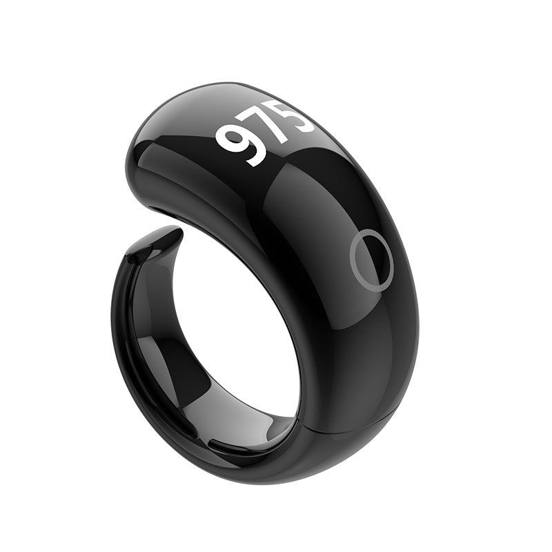 Black smart ring with digital display on a white background