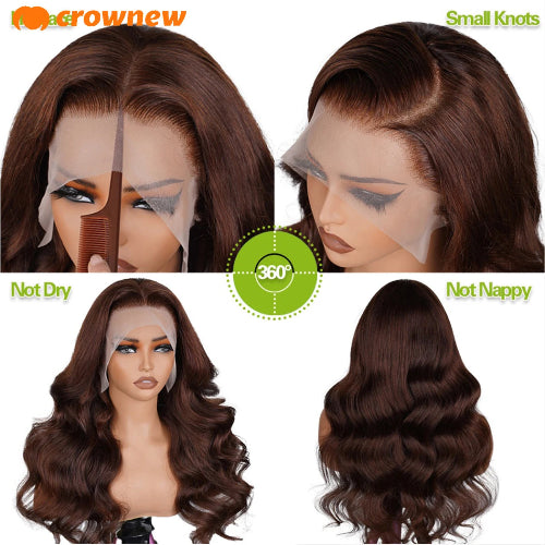 Brown hair wig with various angles and features displayed on a white background.