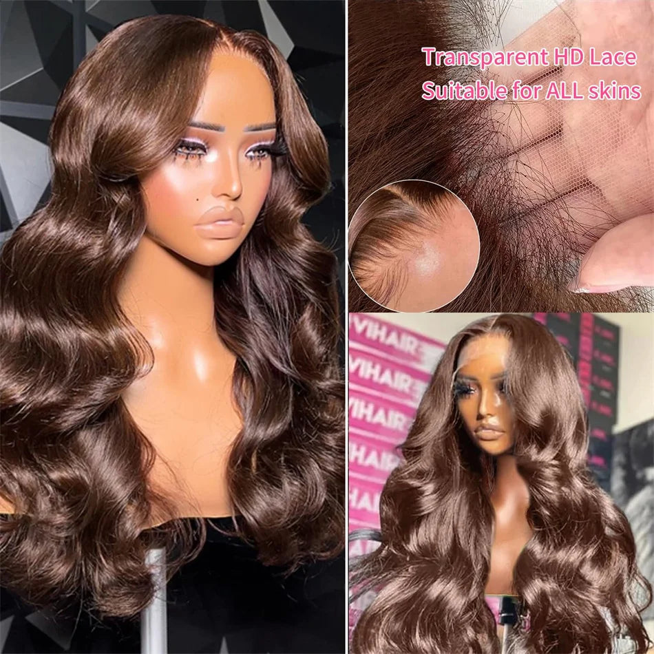 Brown wig on a mannequin with close-up of lace and brand logo.