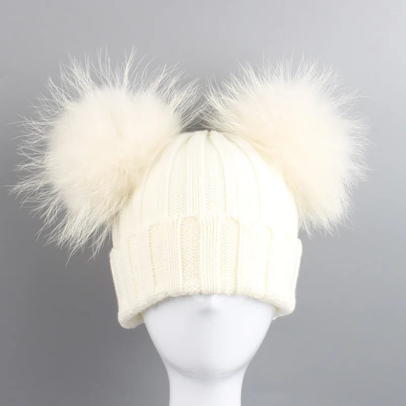 Baby Girls Boys Knit Pom Pom Hat Two Pompoms Children Fashion Caps Kids Pompom Girl Boy Double Raccoon Fur Beanie Hats 2-6Years