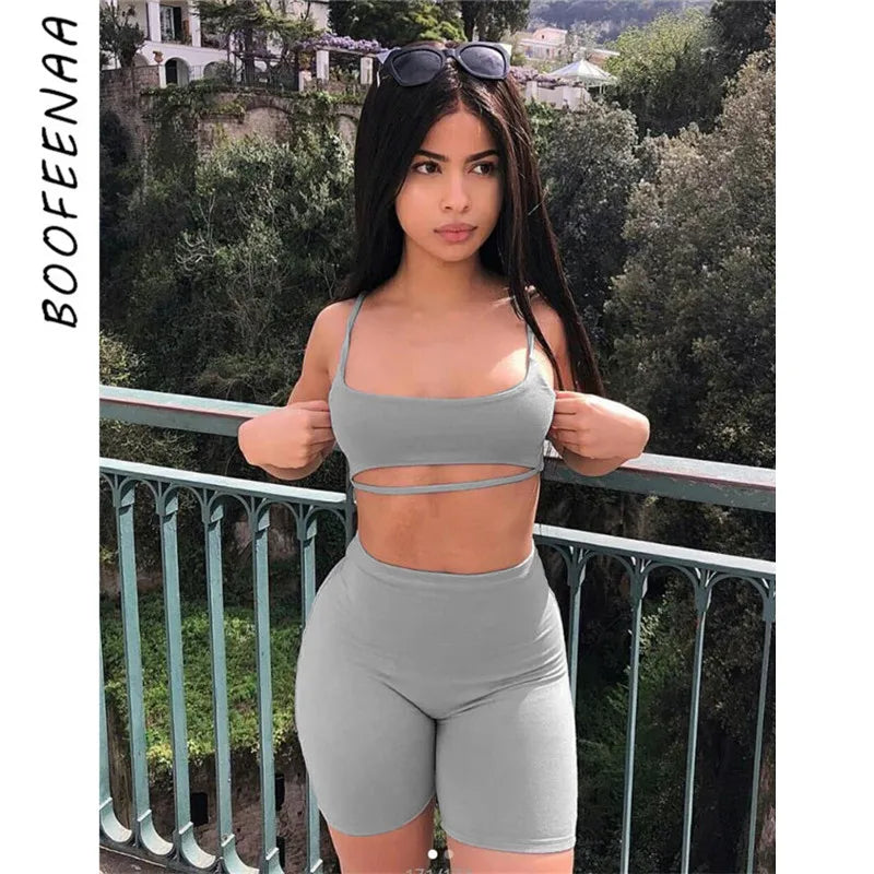 BOOFEENAA Sexy Short Two Piece Set Crop Tops and Biker Shorts Grey Black Bodycon Matching Sets Summer Clothes for Women C83-BB14