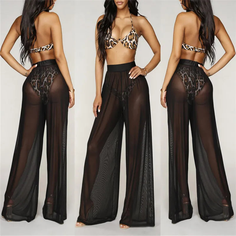 High Waist See Through Wide Leg Mesh Pants - 3 Colors