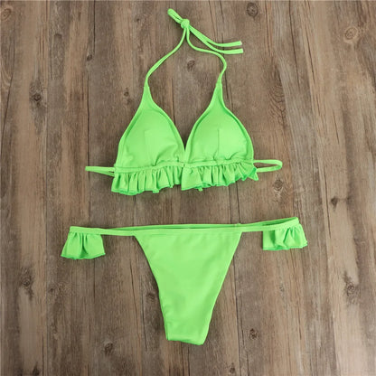 Sexy Green Ruffle Bikini Set 2023 String Thong Tie Swimsuit Women Push Up Swimwear Summer BeachWear Halter Bikini Bathing Suit