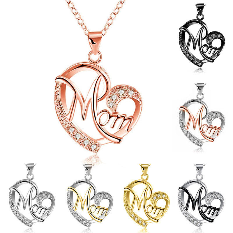 Heart-shaped 'Mom' pendants in various colors on a white background