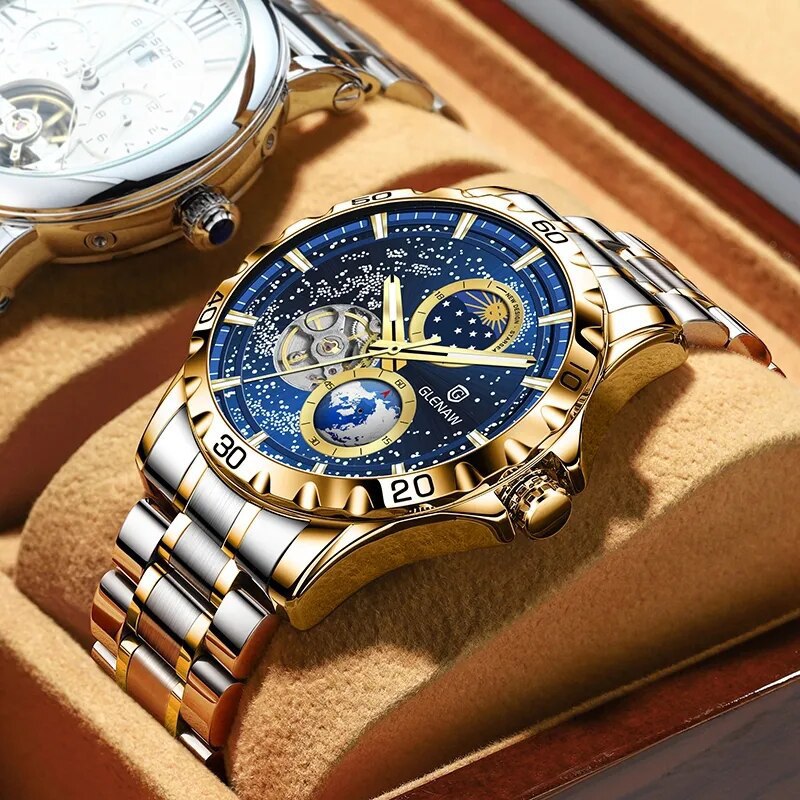 Luxury watch with blue face and gold casing on a wooden surface