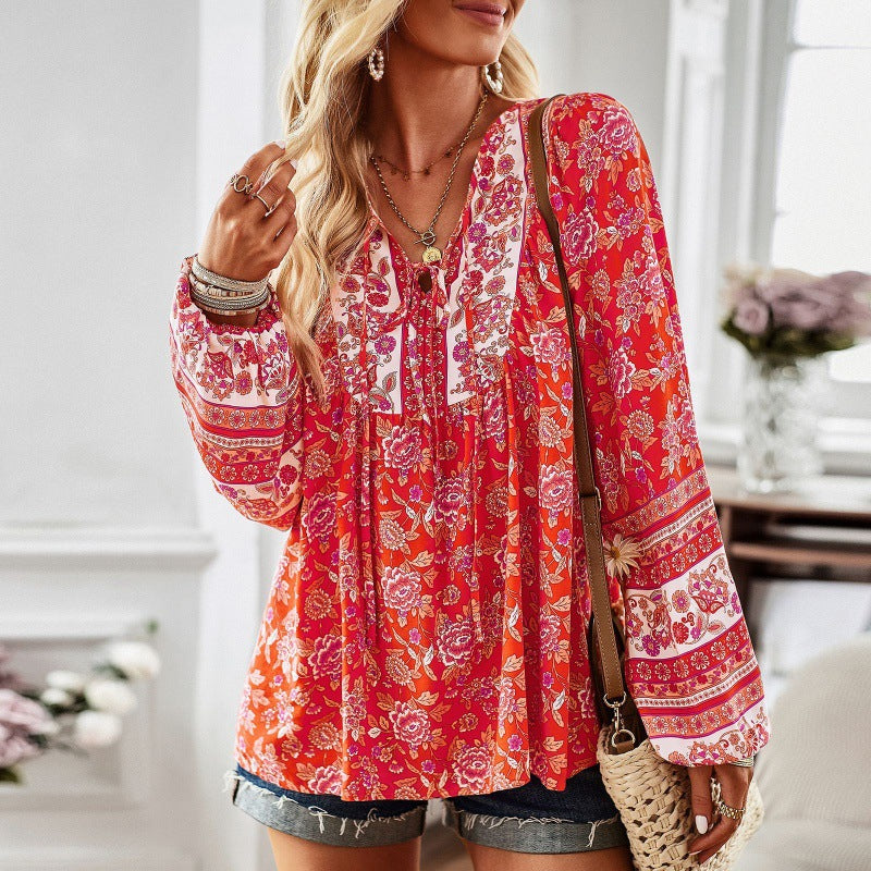 Camisa de manga larga estampada con ropa de mujer europea y americana