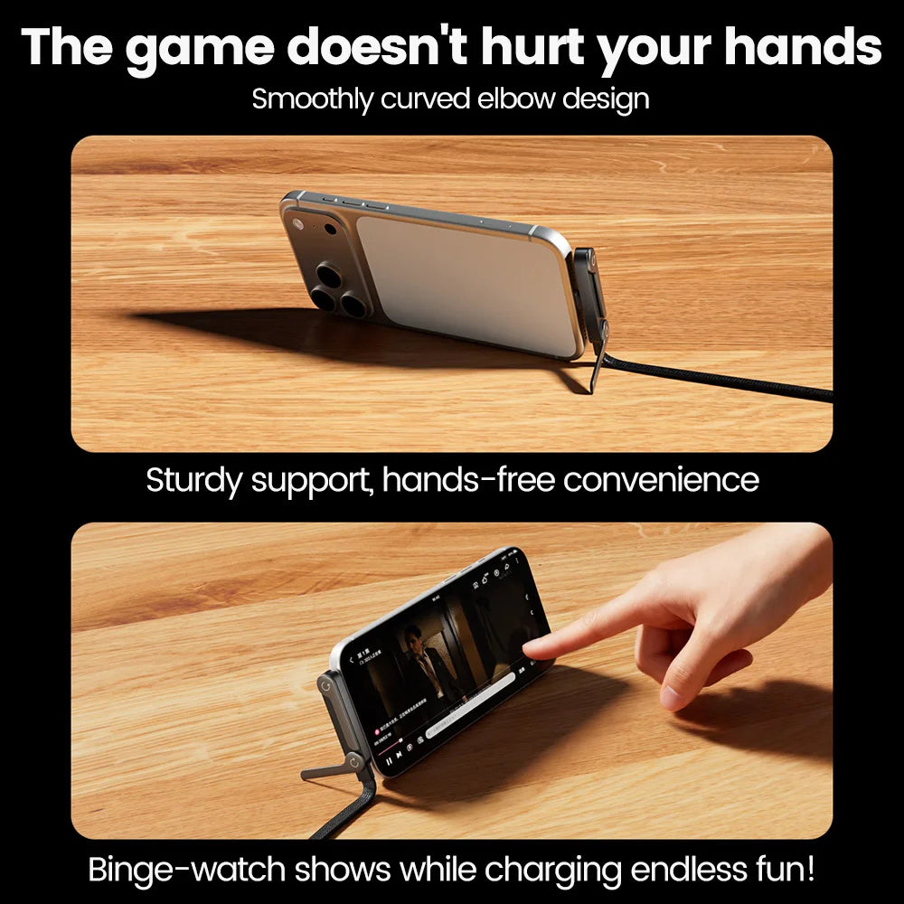 Phone holder with curved elbow design on a wooden surface, showing support and convenience.