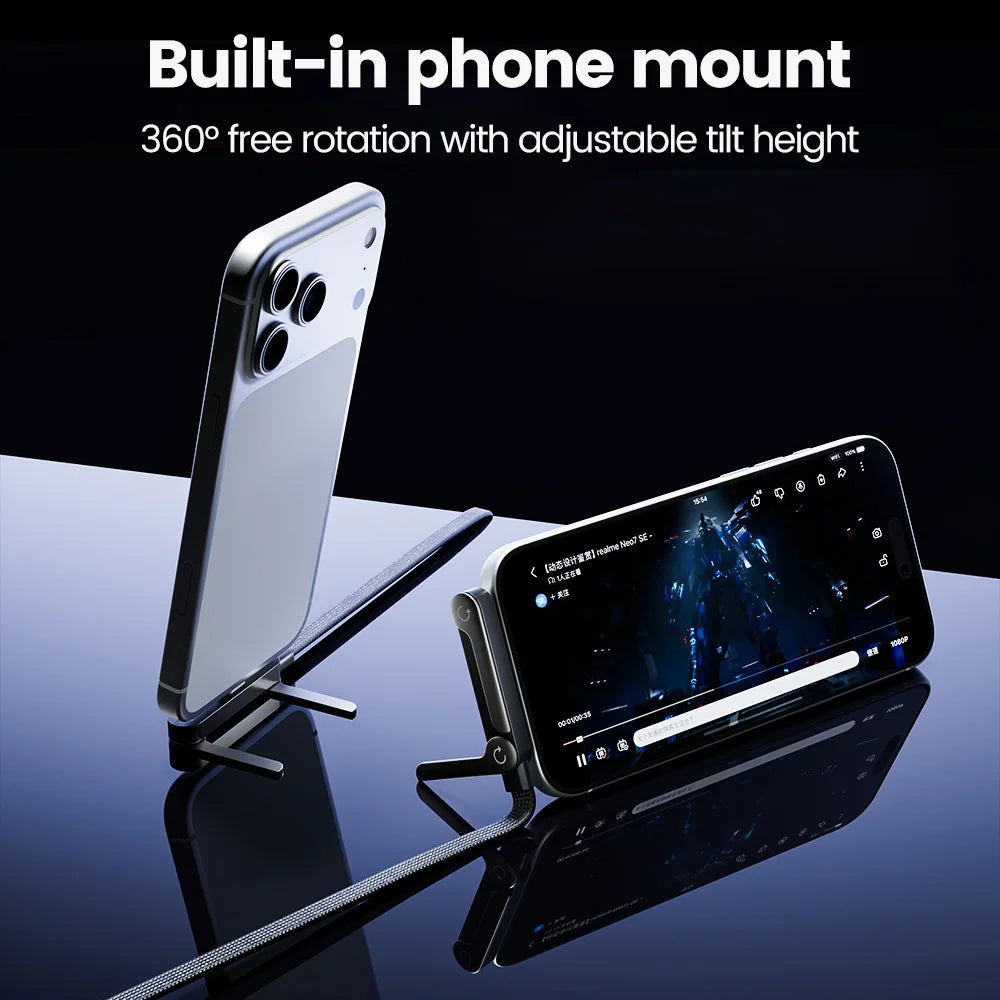 Phone stand with built-in phone mount and 360-degree rotation on a reflective surface.