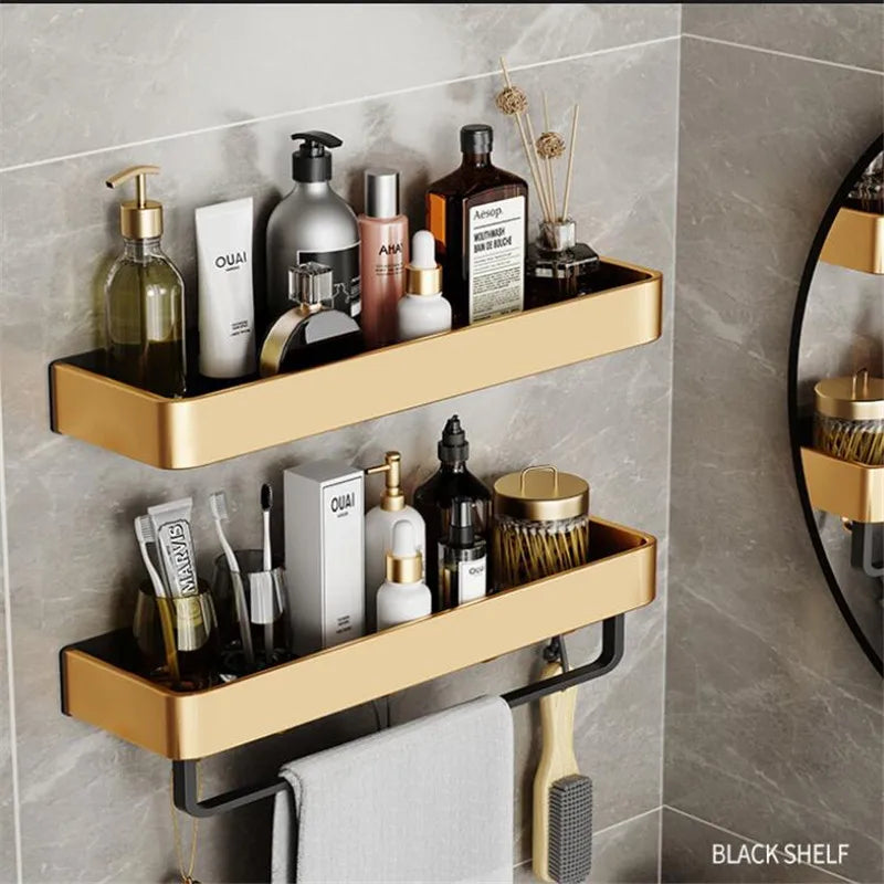 Bathroom Shelf Wall Mounted Bathroom Storage Organizer Holder Corner Shelf Brushed Gold Black Aluminum Bath Shower Shelf