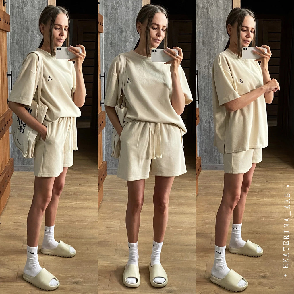 Suit Shorts With Ladies T-Shirt And Top Loose Oversized Cotton Summer Two Piece Ladies Classic Activewear Casual