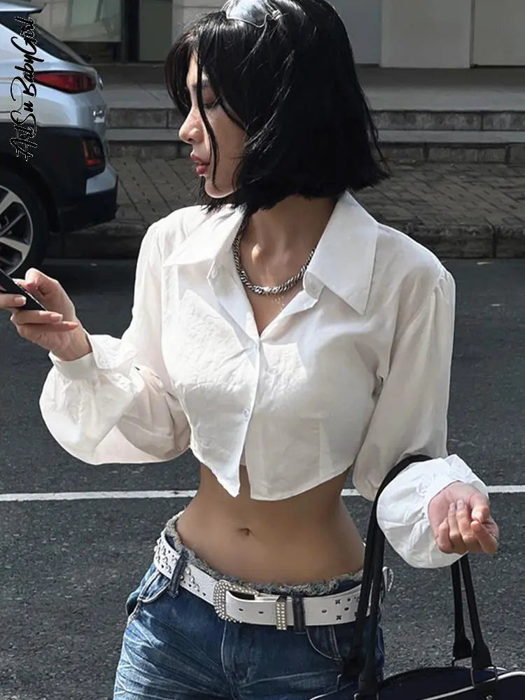 White Blouse Hollow Out Crop Top Y2K Clothes Long Sleeve Top Autumn Spring Solid Turn Down Collar Streetwear Button Up Shirt