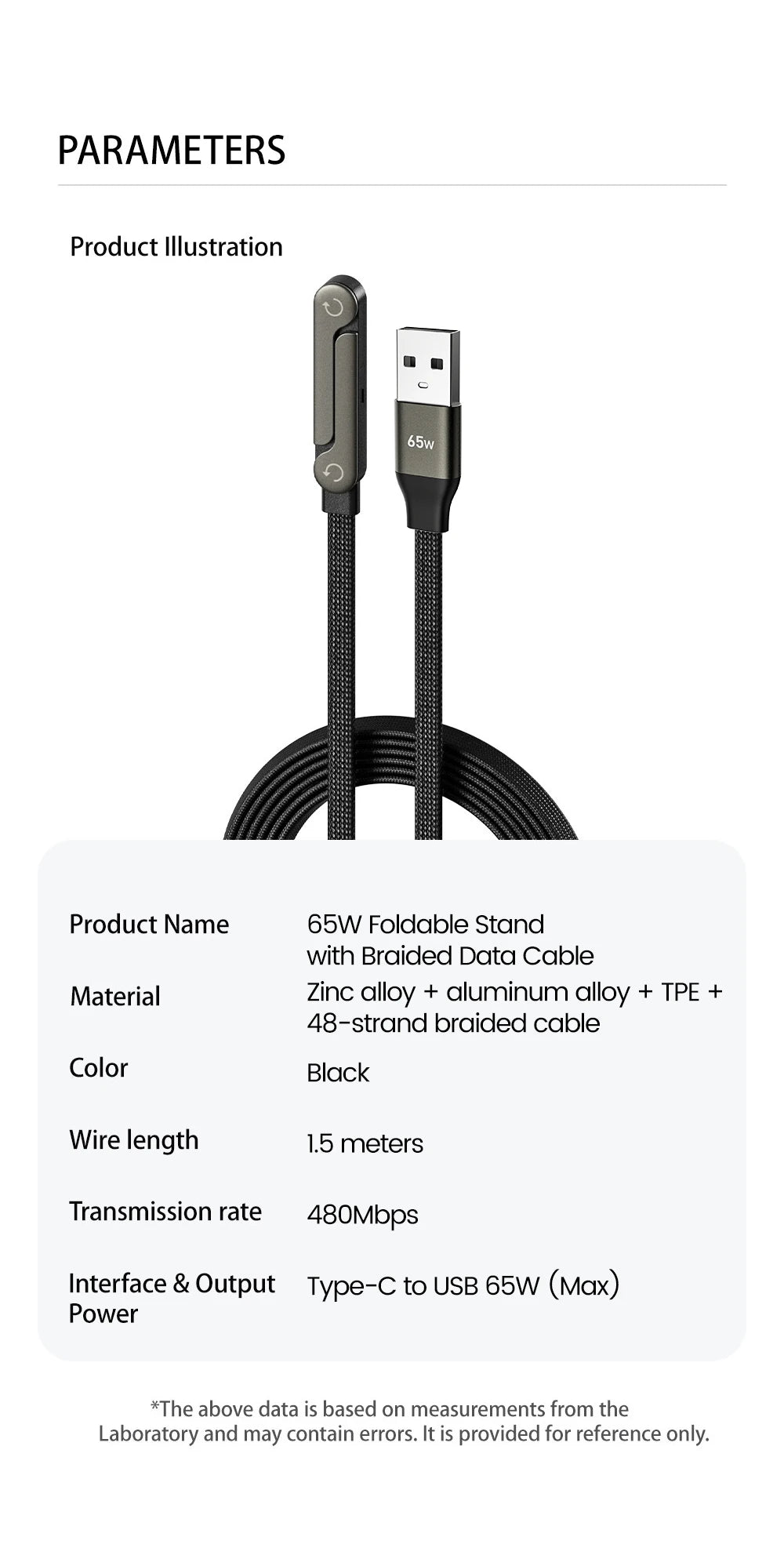 65W Fast Charging Cable with Foldable Phone Holder | USB-C & USB | Braided Nylon | 1m & 1.5m